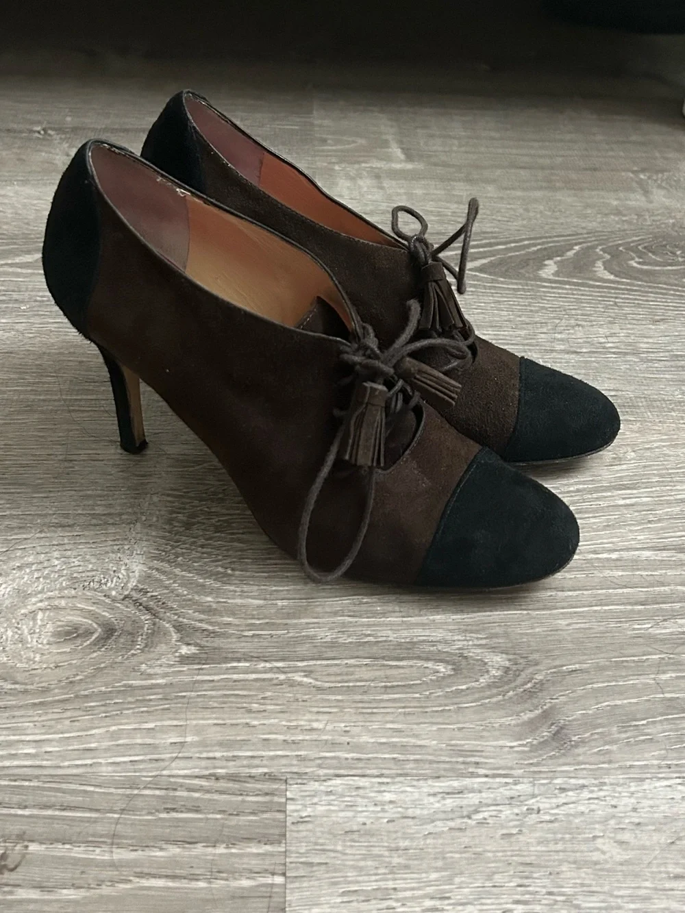 kate spade Brown and Black Suede Lace-Up Heels with Tassel Laces